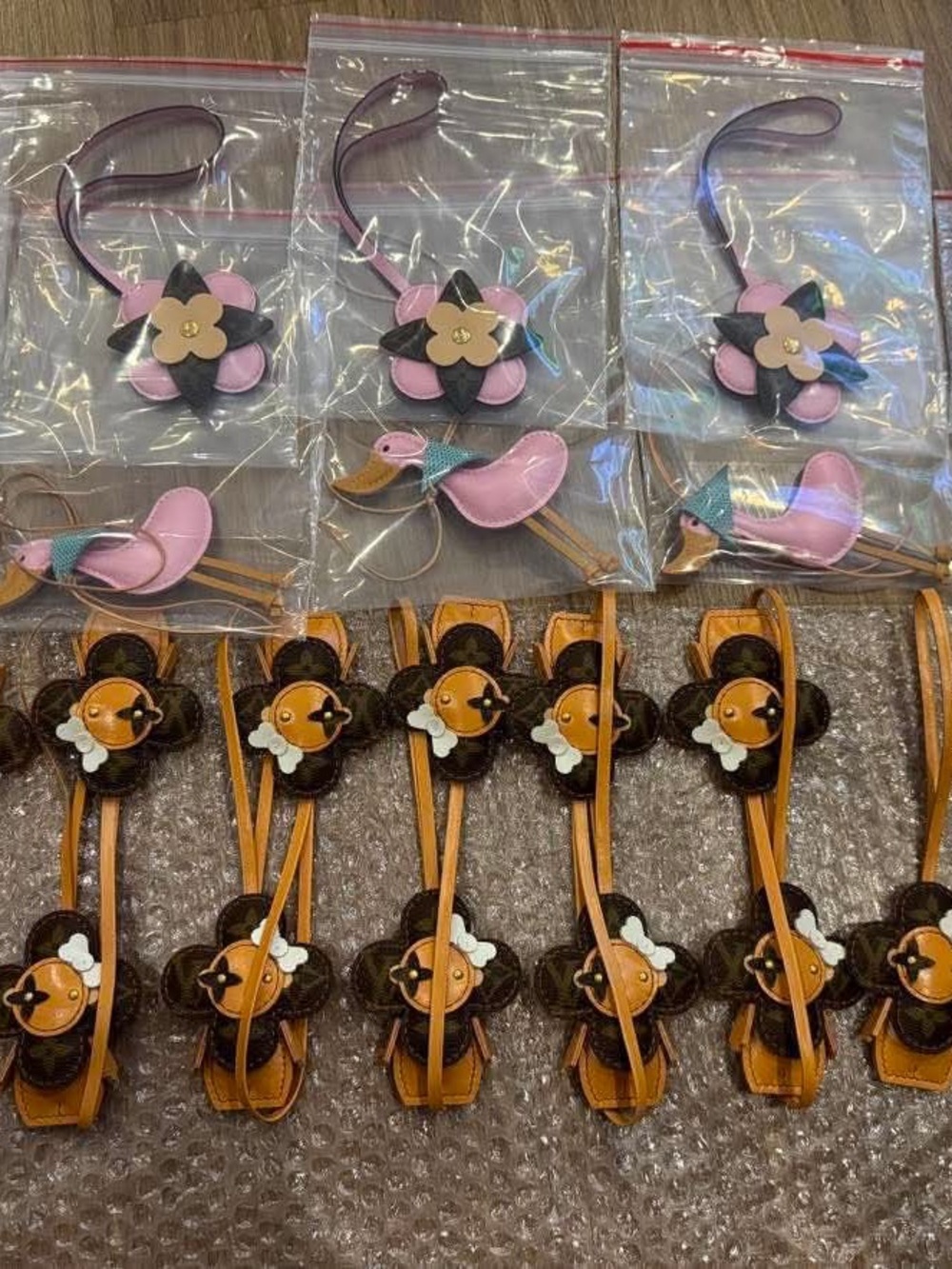 Floral & Bird Charm Hair Ties - Pink, Brown